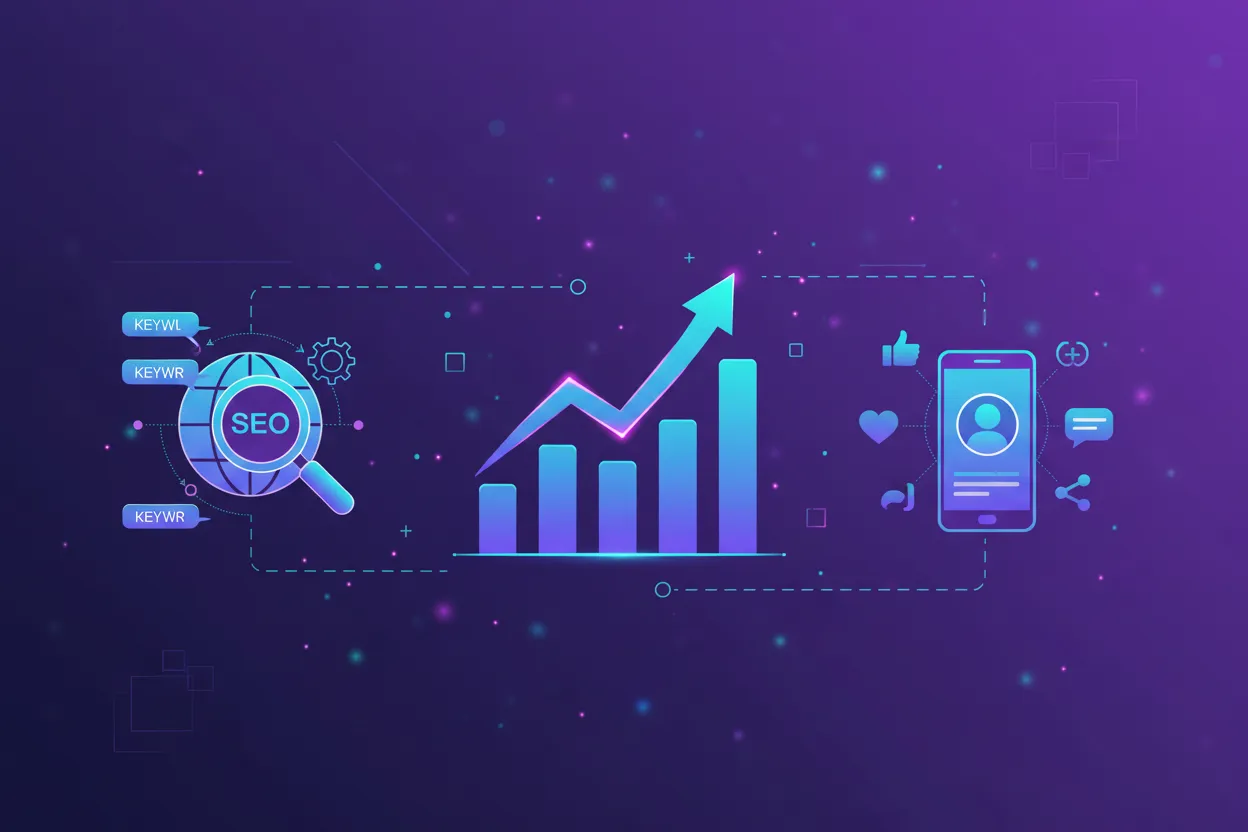 Digital marketing strategy with analytics and growth charts